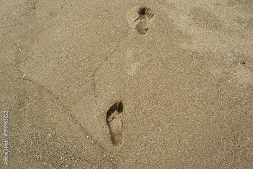 Quadro em tela Detailed human footprints are impressed into the golden beach sand showing natural textures, shadows and step patterns in the warm sunlight