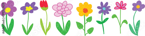 Cute hand drawn spring flower doodle set in bright pastel colors. Trendy playful vector florals for kids design, greeting cards, posters, stickers, social media, prints and cheerful branding.