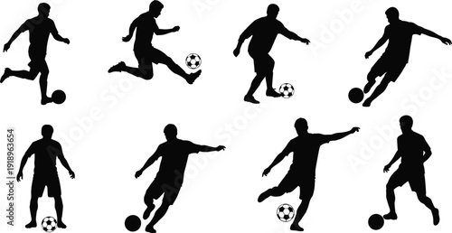 Soccer player silhouette set in action poses isolated on white background football athlete vector illustration collection