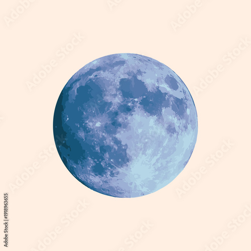 Blue Full Moon Realistic Illustration Isolated on Minimal Beige Background Vector Design