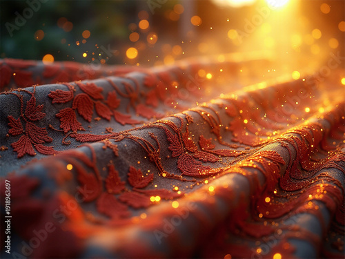 Beautiful Bulgarian folk motif on textured textile, shot in a cinematic style with soft sunbeams and golden bokeh accents.