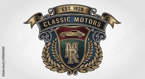 Classic Motors Emblem with Vintage Car and Laurel Wreath.