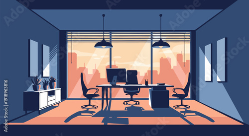 Modern Minimalist Office Space Vector Illustration with Natural Light and Cityscape View
