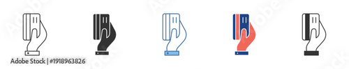 Diverse set of graphic icons illustrating a hand holding a credit card, representing the core concepts of secure digital payments, online transactions, and modern financial services