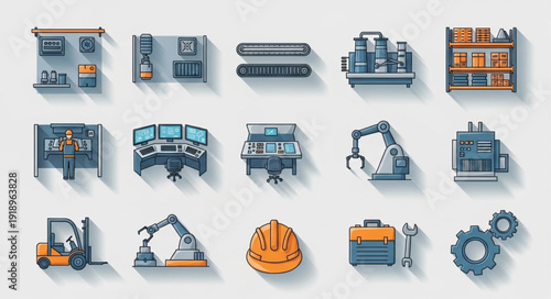 Industrial equipment and machinery icons set.