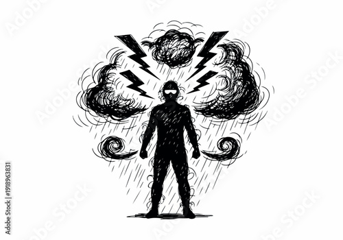 Silhouette of a person with a stormy cloud and lightning overhead, symbolizing stress and mental pressure