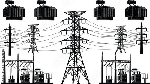 Electrical power transmission towers and transformer substation silhouettes isolated on white background energy industry vector illustration set