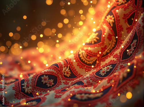 Close-up of traditional Bulgarian embroidery with red floral patterns on dark fabric, illuminated by magical golden sunbeams and bokeh sparkles.