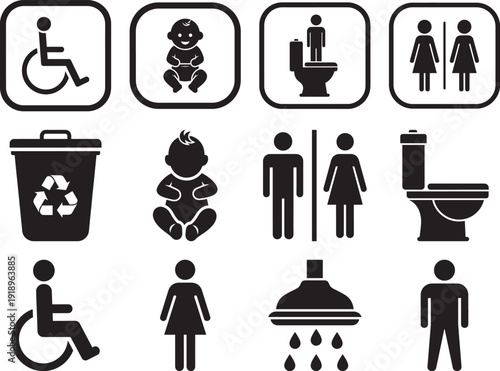 Public Facilities and Restroom Icon Set: Minimalist Silhouette Collection of Gender Symbols, Accessible Entry, Baby Care, and Sanitary Vectors.