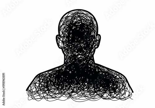 Abstract Silhouette of a Person with Scribbled Lines Creating a Distorted and Chaotic Head