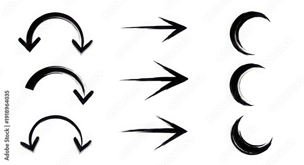 Obraz premium Set of three distinct black brush stroke arrows: curved pointing down, straight pointing right, and crescent shapes suggesting direction.