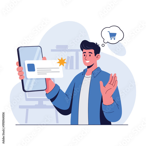 Man thrilled by online shopping deals on phone, dreaming of new cart