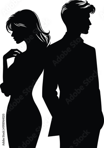 Single couple standing close together with shoulders touching, solid-fill silhouette vector illustration.