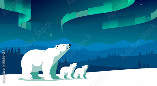 Majestic Polar Bear and Cubs Under Northern Lights in Snowy Landscape Vector Illustration