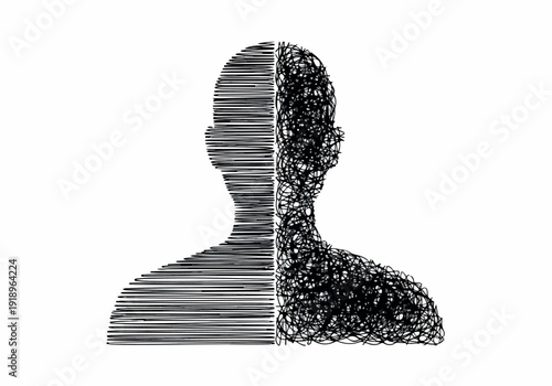 Abstract representation of a human head split into two contrasting halves, one with clean lines and the other with chaotic scribbles, symbolizing duality or inner conflict