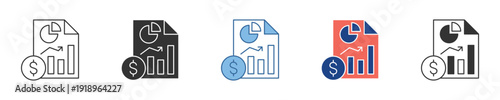 Set of icons illustrating financial report analysis, business growth trends, economic progress, and investment performance with monetary indicators on a document