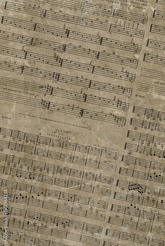Vintage Musical Notes Background with Antique Sheet Music Texture, Aged Paper, Distressed Grunge Overlay, Classical Manuscript Pattern, Retro Music Score Design for Posters, Album Covers and Creative 