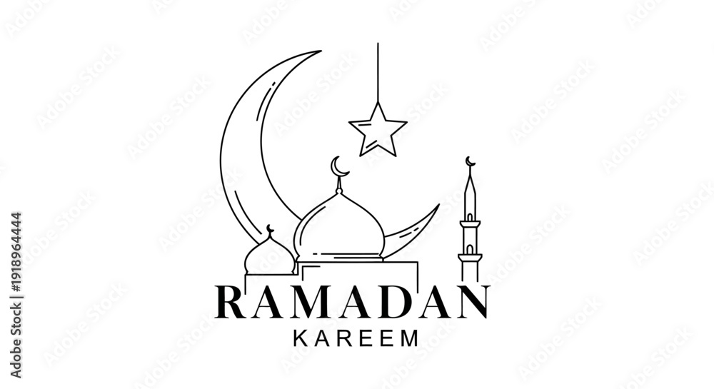 Obraz premium Celebrating Ramadan with mosque, crescent, star, and minaret in simple line art illustration
