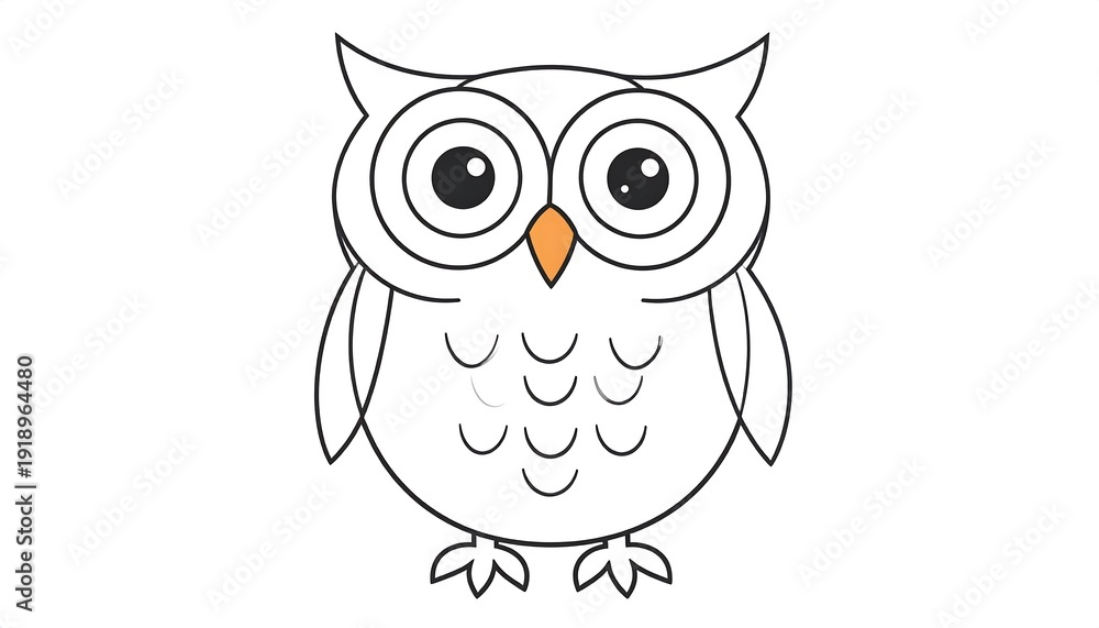 Fototapeta premium Adorable cartoon owl illustration with large eyes and orange beak standing alone