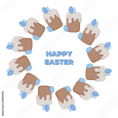 Circular wreath of twelve festive Easter cakes with white icing, colorful sprinkles, and blue eggs, surrounding bold text HAPPY EASTER in cheerful light blue capital letters