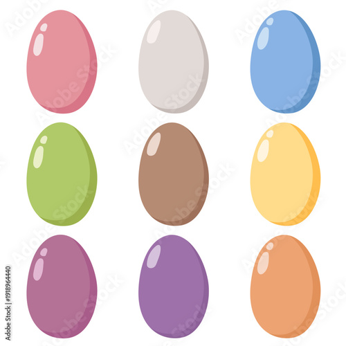 Glossy colorful eggs in 3x3 grid, each with shiny highlight, vibrant pastel shades including pink, gray, blue, green, brown, yellow, magenta, purple, and orange, perfect for Easter themes