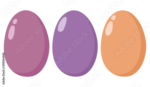 Cartoon illustration of three glossy colorful eggs with smooth gradients and shiny highlights, in reddish-pink, purple, and orange, perfect for Easter and spring decoration themes