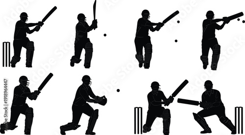 Cricket player batting action silhouettes set isolated on white background sports vector illustration collection