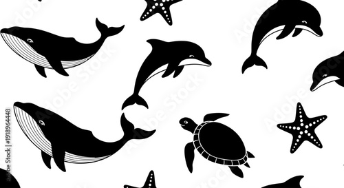 Seamless Marine Animal Silhouette Pattern Vector Whale Dolphin Turtle Starfish Ocean