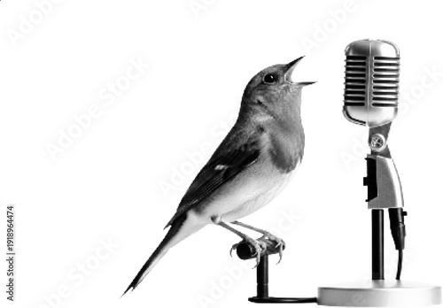 A bird stands on a microphone stand singing into a vintage microphone in a black and white illustration.