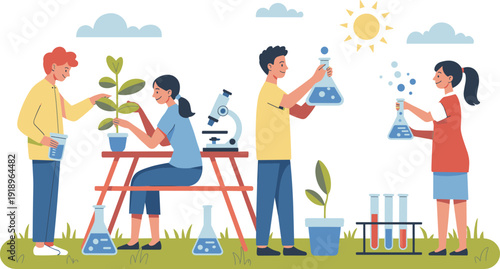 students, science, biology, experiment, plant, research, education, outdoor, laboratory, kids, chemistry, microscope, learning, school, teamwork, ecology, environment, illustration, vector, flat