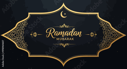 Elegant Ramadan Mubarak greeting card with golden ornamentation and crescent moon symbol on intricate design