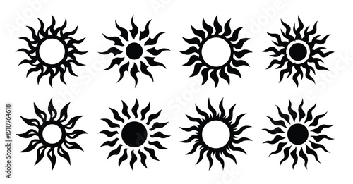  collection of nine sun icons with distinctive ray styles