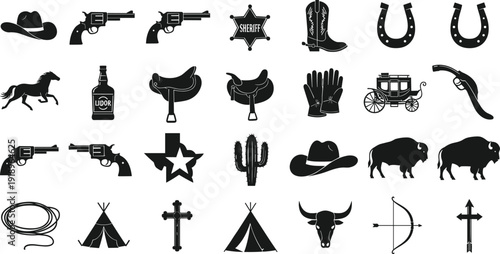 Wild west cowboy and sheriff icons collection isolated on white background western culture vector illustration set