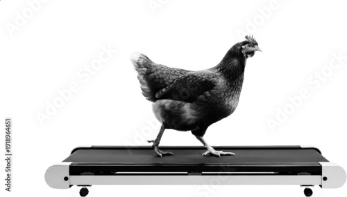 A black and white illustration of a chicken standing on a luggage conveyor belt in an airport.