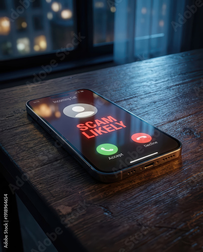 Smartphone on Wooden Table Displaying Scam Likely Incoming Call Alert Warning Against Phishing
