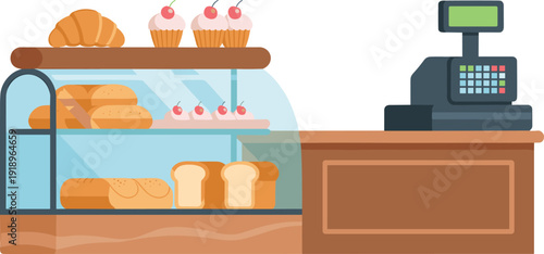 bakery, bread, pastry, cupcakes, croissant, bakery counter, shop, bakery display, cake, dessert, bread shelf, bakery interior, food, cafe, store, illustration, vector, flat, retail, cashier