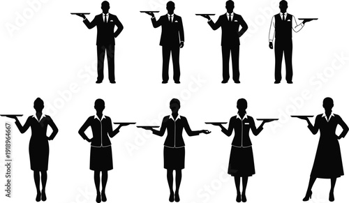 Waiter and waitress silhouettes holding tray isolated on white background restaurant service vector illustration set