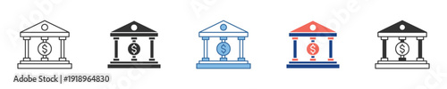 Collection of contemporary bank icons with money symbols, illustrating financial services, secure transactions, and economic growth through diverse graphic styles