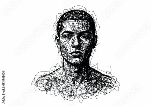 Expressive Scribble Portrait of a Young Man's Face, Capturing Intense Gaze and Detailed Features Through Abstract Linework