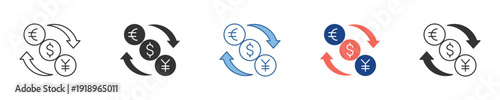 Dynamic currency exchange icon set illustrating international money transfer and financial transactions with Euro, Dollar, and Yen symbols