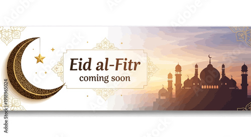 Celebration of Eid al-Fitr with mosque silhouettes at sunset, crescent moon, and stars in the evening sky