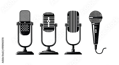 Set of 4 Black and White Vintage and Modern Microphone Icons Vector