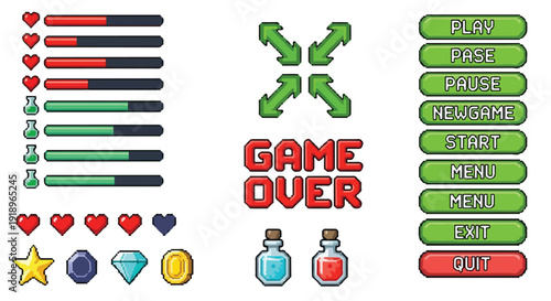 Pixel Art Video Game UI Elements Set Vector