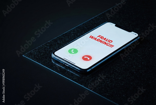 Smartphone on Black Marble Surface Displaying Red Fraud Warning Text and Call Icons
