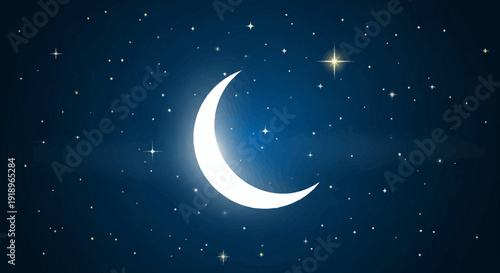 Crescent moon shines brightly in a starry night sky with ramadhan theme illustration