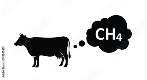 Black Silhouette Cow Emitting Methane CH4 Gas Cloud