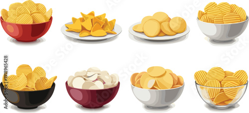 Potato chips bowl illustration set. Eight crispy snack varieties in colorful bowls and plates. Modern cartoon food design isolated on white background.
