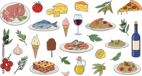 Italian food watercolor illustration set. Pizza, pasta, prosciutto, cheese and wine in rustic hand drawn style. Mediterranean cuisine collection isolated on white background.
