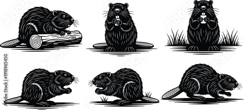 Black beaver silhouettes and wildlife icons set, cad drawing flat vector illustration featuring beavers on logs, gnawing wood, and dam building.