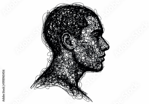 Abstract sketch of a person's head and shoulders in profile, rendered with a chaotic, scribbled line art technique, conveying a sense of thought or introspection